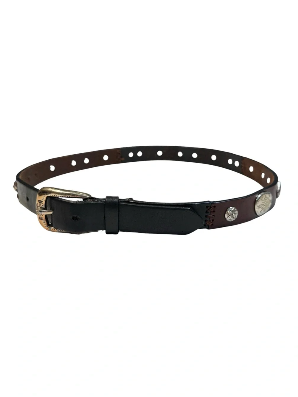 Vintage Brighton Patchwork Concho Western Belt Silver Brown & Black Leather L 34